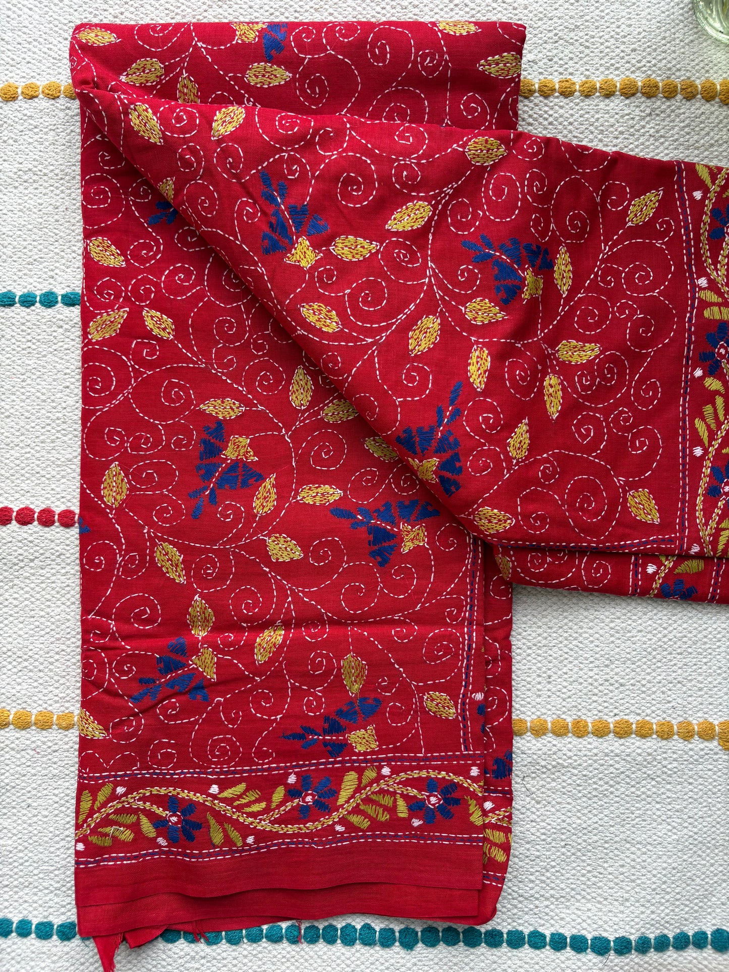 Kantha Stitch Hand-Embroidered Saree | Khadi Cotton | Ruby