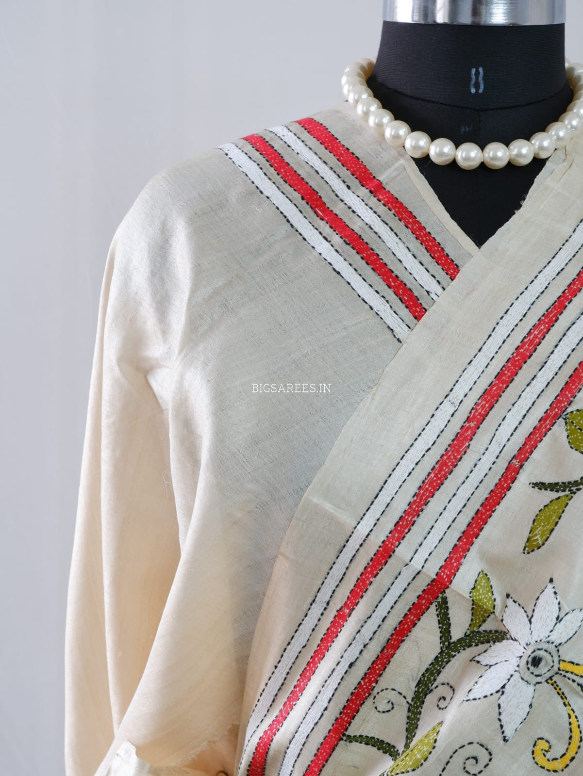 Kantha - Stitch Hand Embroidered Saree | Pure Gachi by Gachi Tussar Silk | Silk Mark Certified | Light Beige