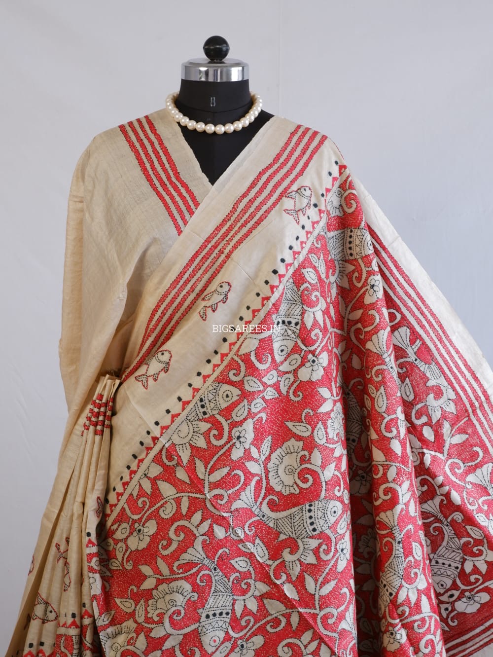 Kantha Stitch Hand Embroidered Saree | Pure Gachi Tussar Silk | Silk Mark Certified | Beige