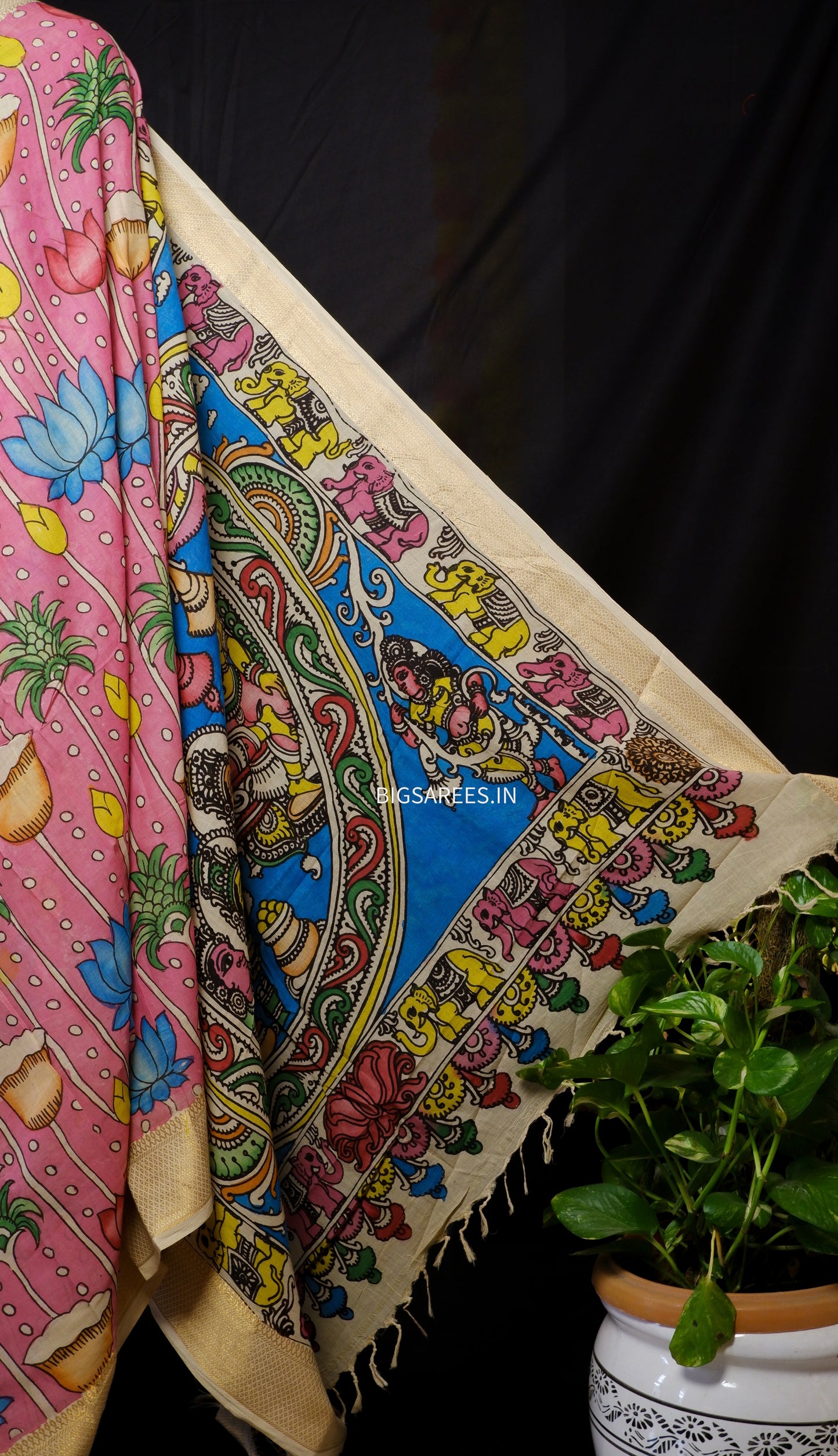 Pen Kalamkari hand painted pure cotton Saree with blouse