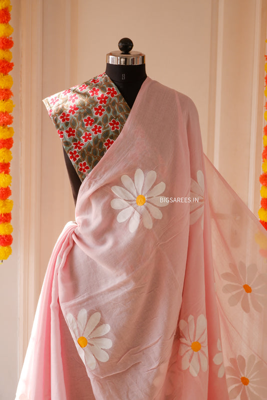 Hand Painted Mul Cotton Saree with Blouse | Pink