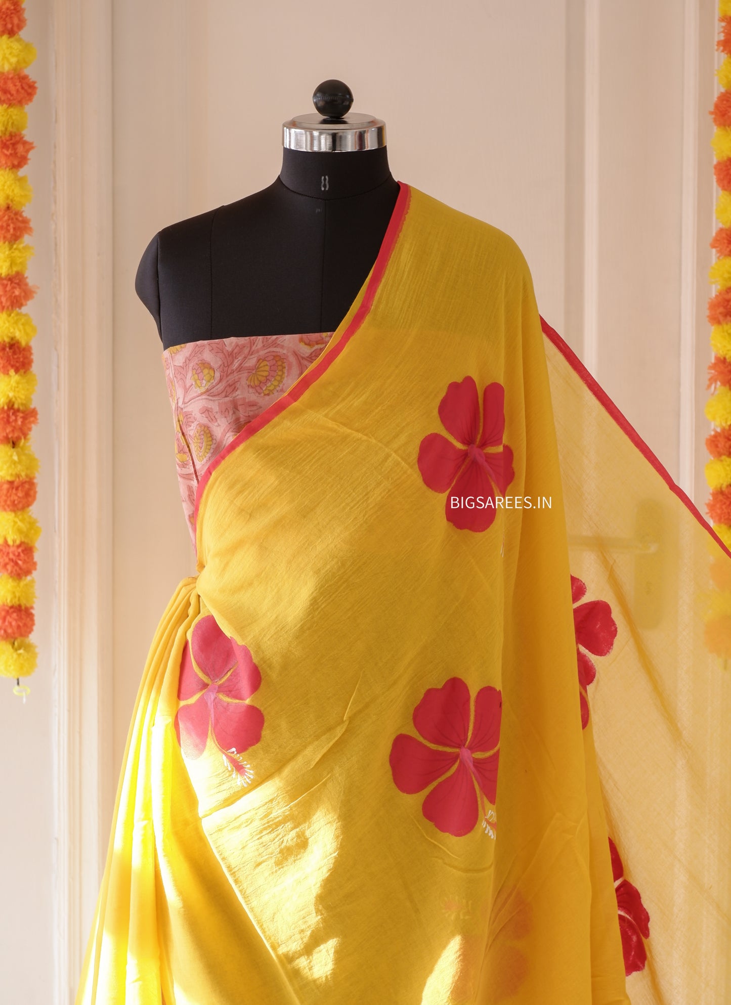 Hand Painted Mul Cotton Saree with Blouse | Yellow