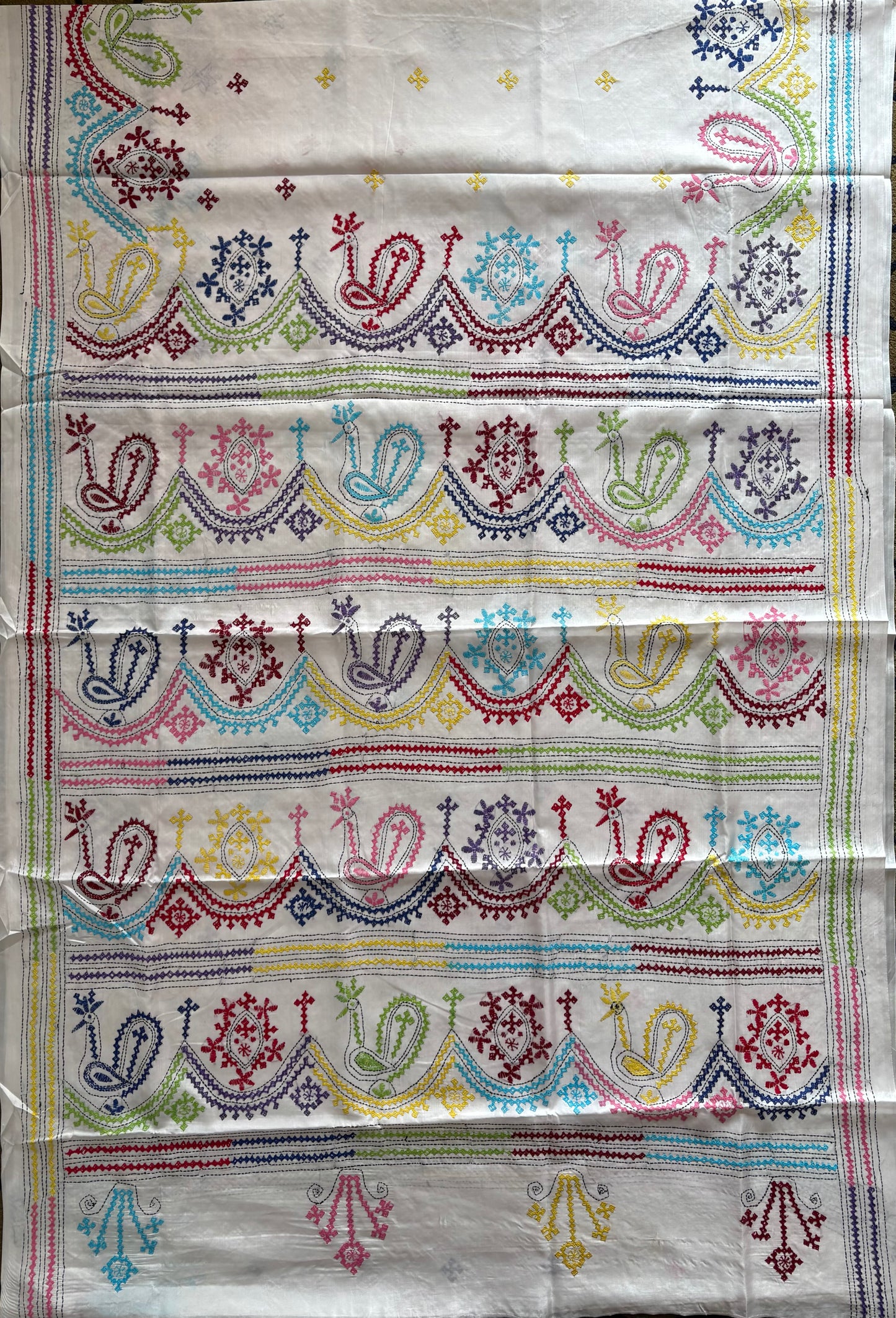 Gujrati Stitch/Kutch Hand Embroidered Art Silk Saree