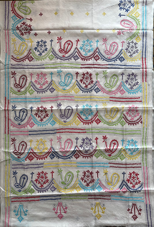 Gujrati Stitch/Kutch Hand Embroidered Art Silk Saree