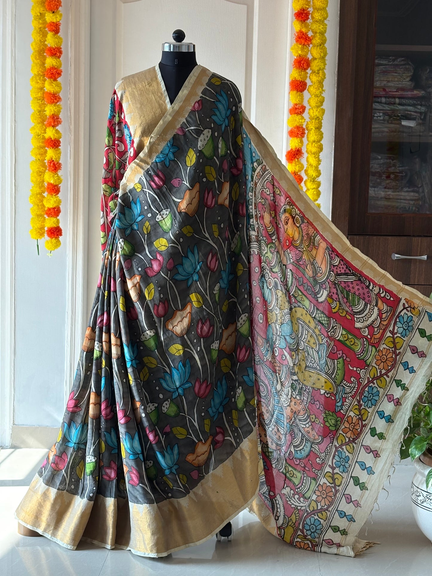 Pen Kalamkari hand painted Banglore Silk Saree with blouse