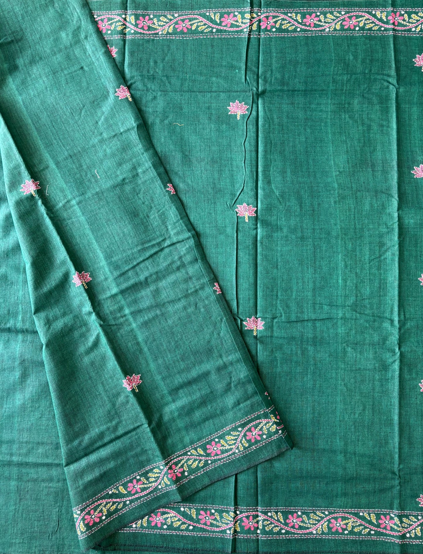 Kantha stitch Khadi Cotton Saree - Green