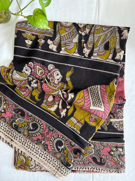 Kalamkari printed malmal cotton Saree with blouse