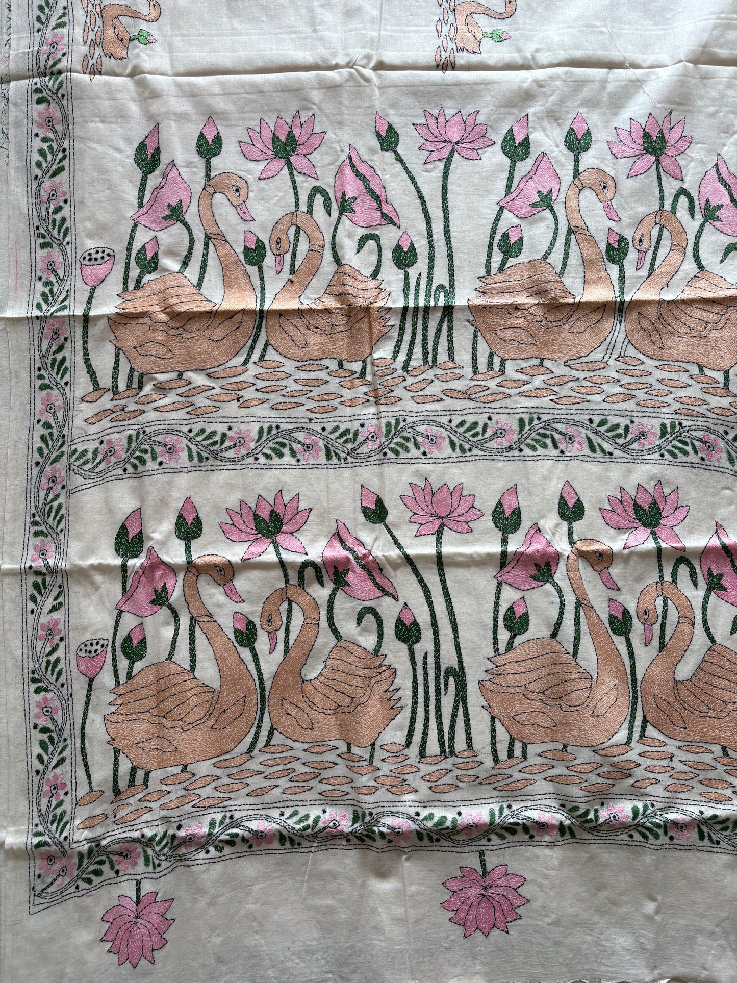 Kantha stitch Khadi Cotton Saree - Off white