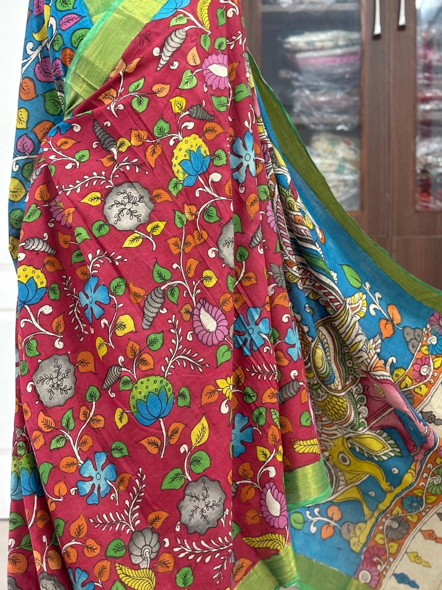 Pen Kalamkari hand painted pure cotton Saree with blouse