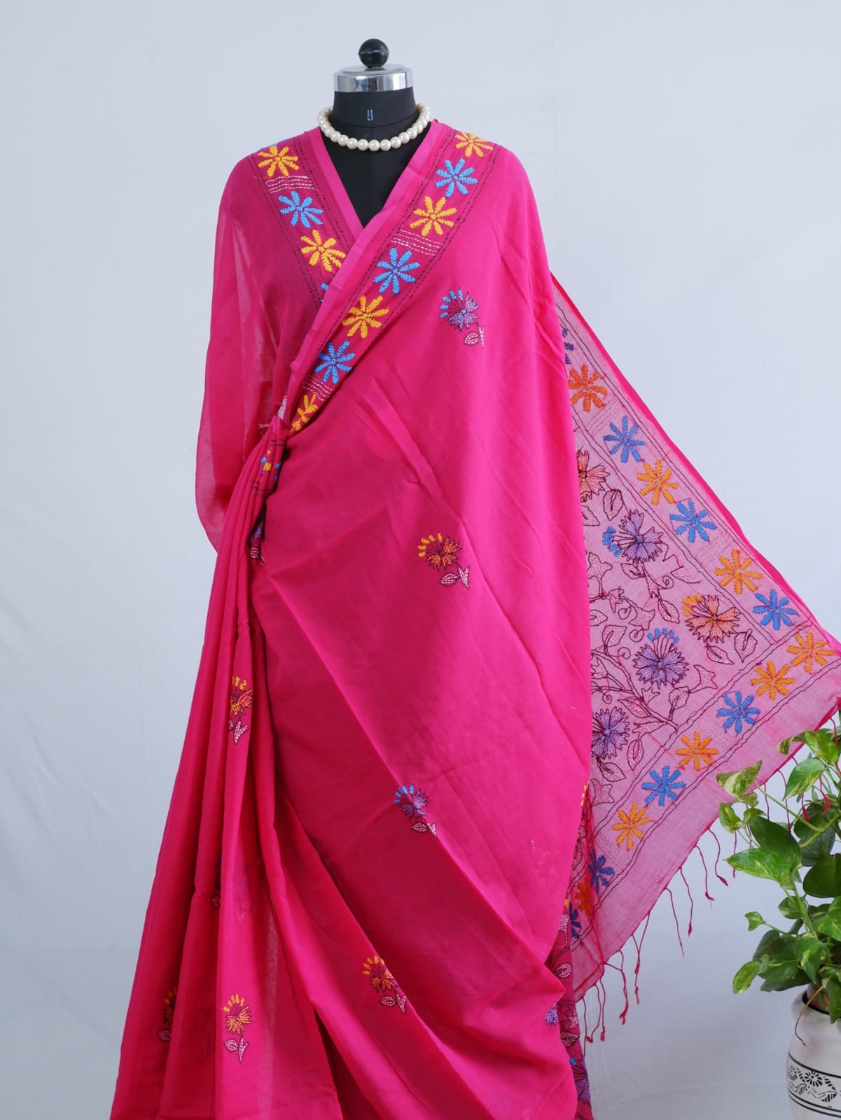 Kantha stitch Hand Embroidered Pure mul Cotton Saree