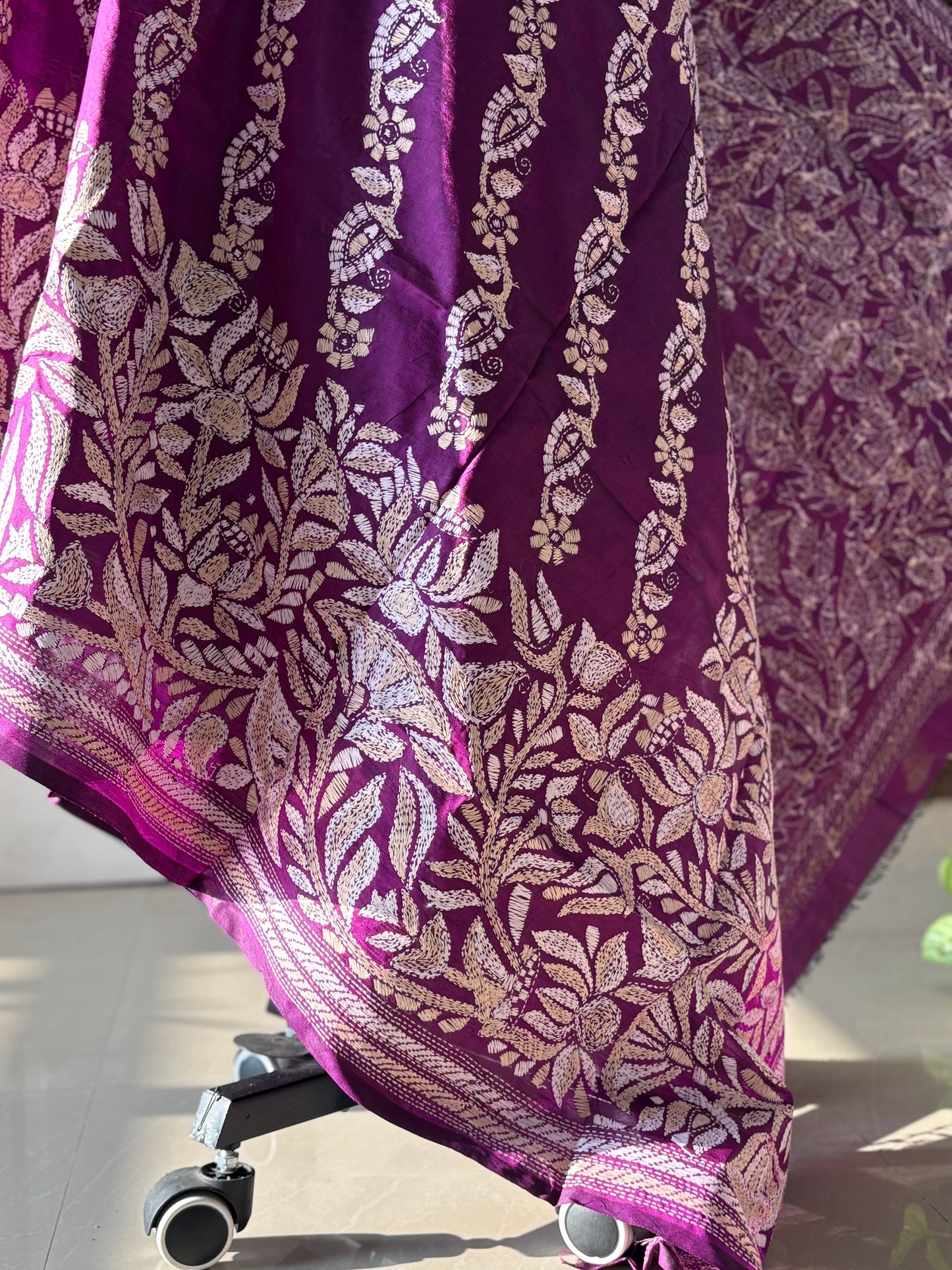 Kantha Hand Embroidary Full Work Pure Banglore Silk Dupatta. (With Silk Mark)