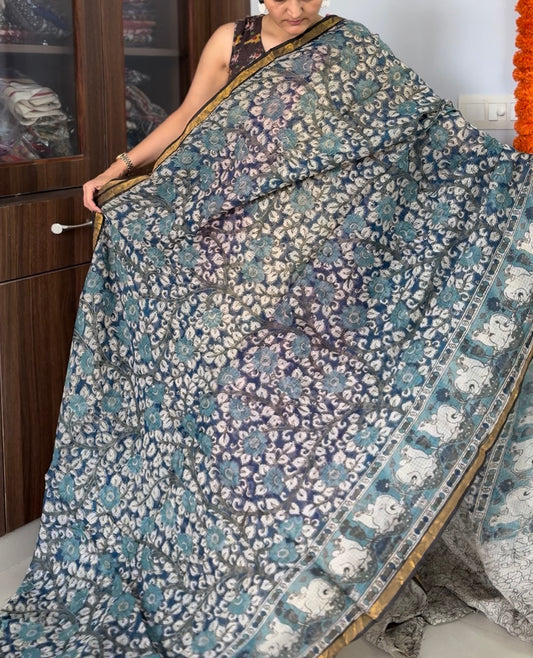 Kalamkari printed Kota doria Saree  with blouse