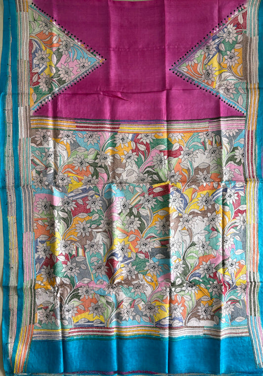 Kantha Stitch Hand Embroidered Pure Gachi by Gachi Tassar Silk Saree (Silk Marked)