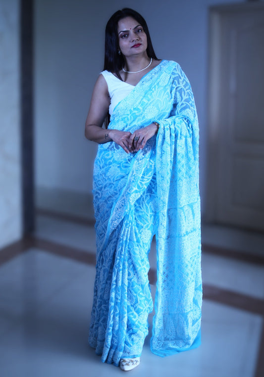 Sky Blue - White Georgette Chikankari Work Hand Embroidered Saree