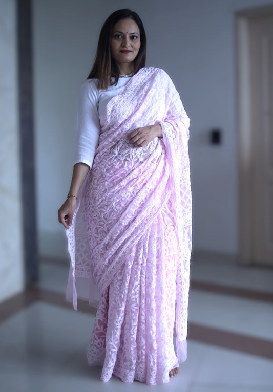 Light Pink - White Georgette Chikankari Work Hand Embroidered Saree