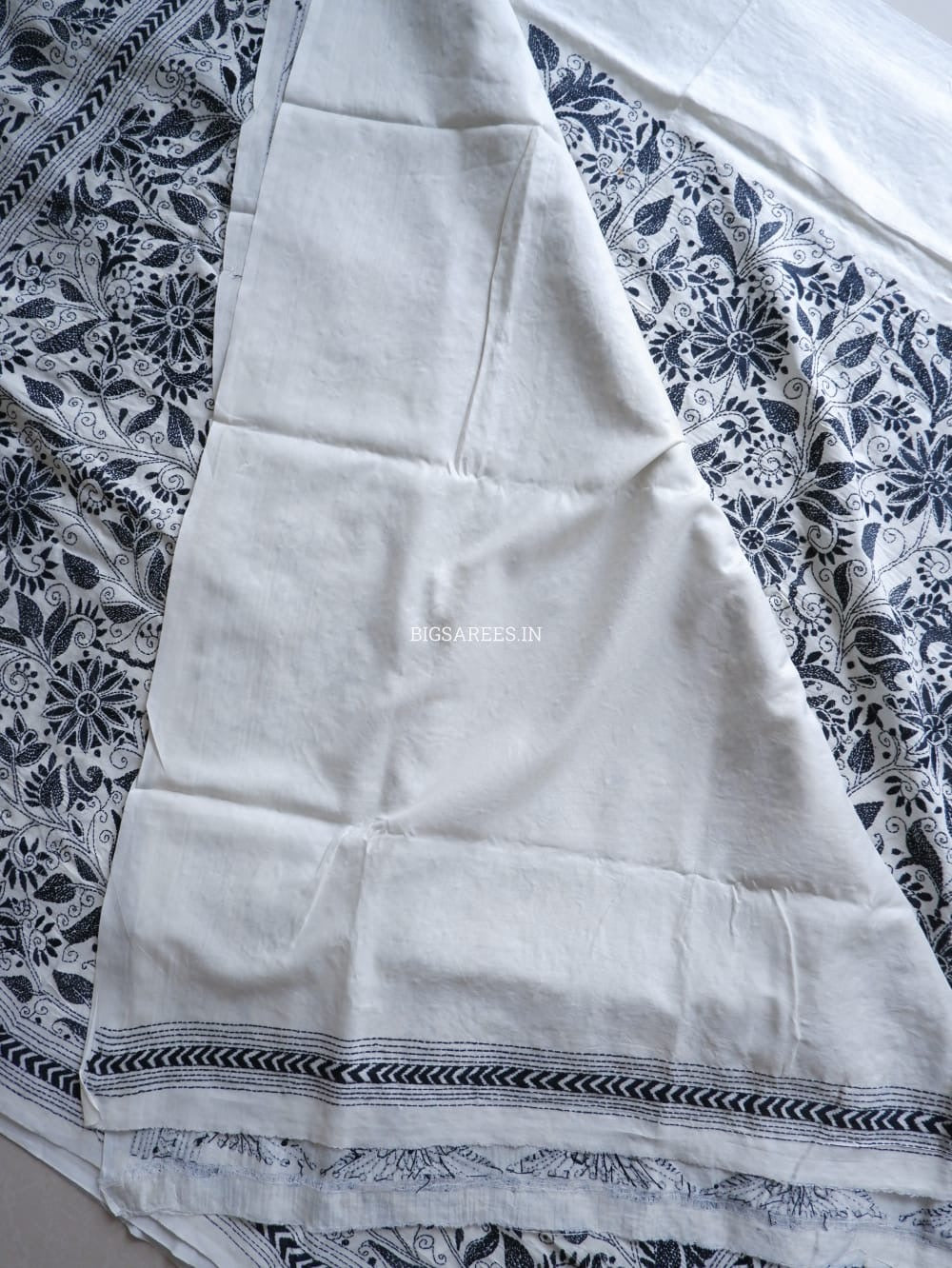 Kantha Stitch Hand Embroidered Saree | Mix Tussar Silk | Off white
