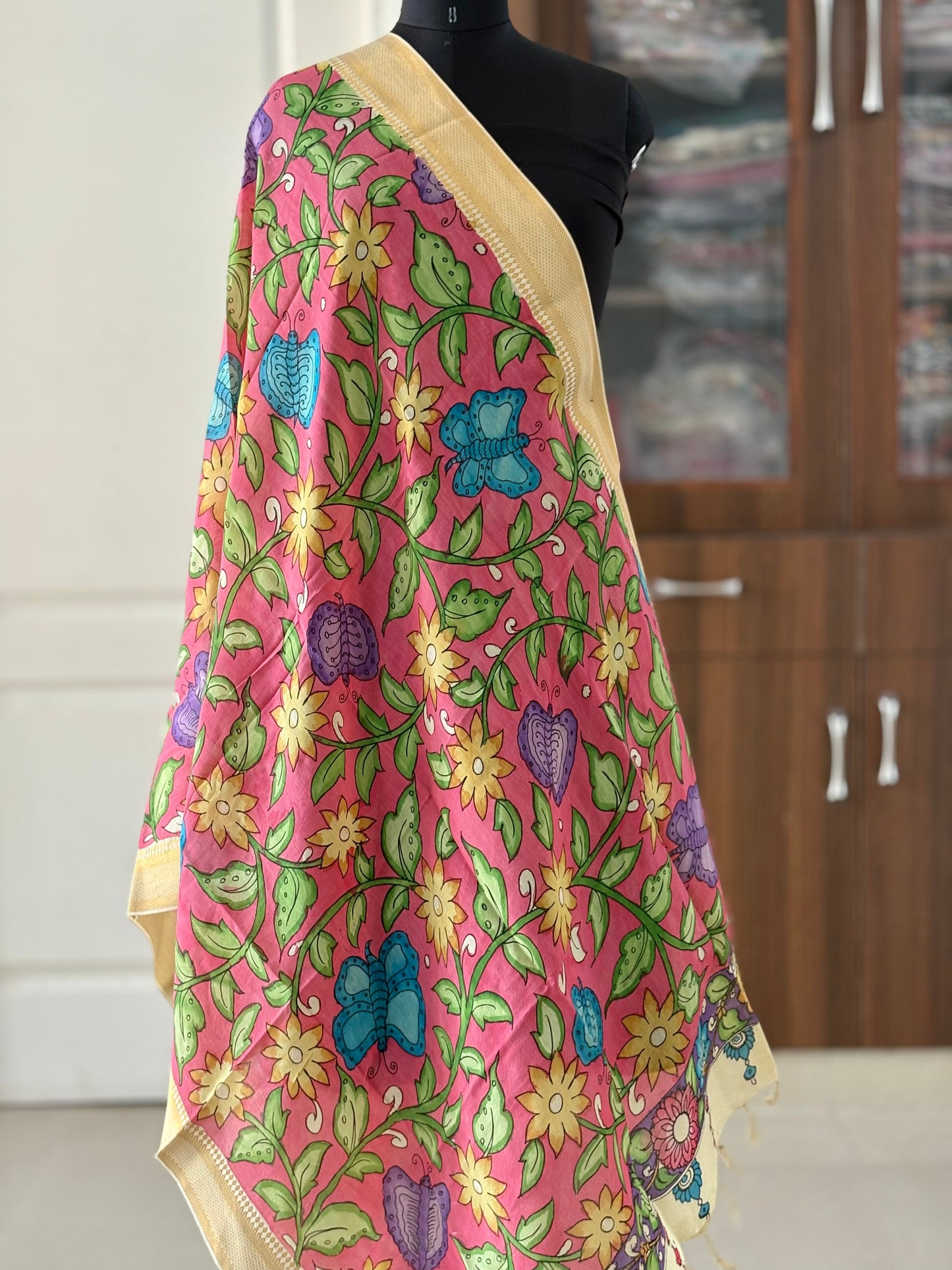 Pen Kalamkari hand painted Banglore Silk Dupatta