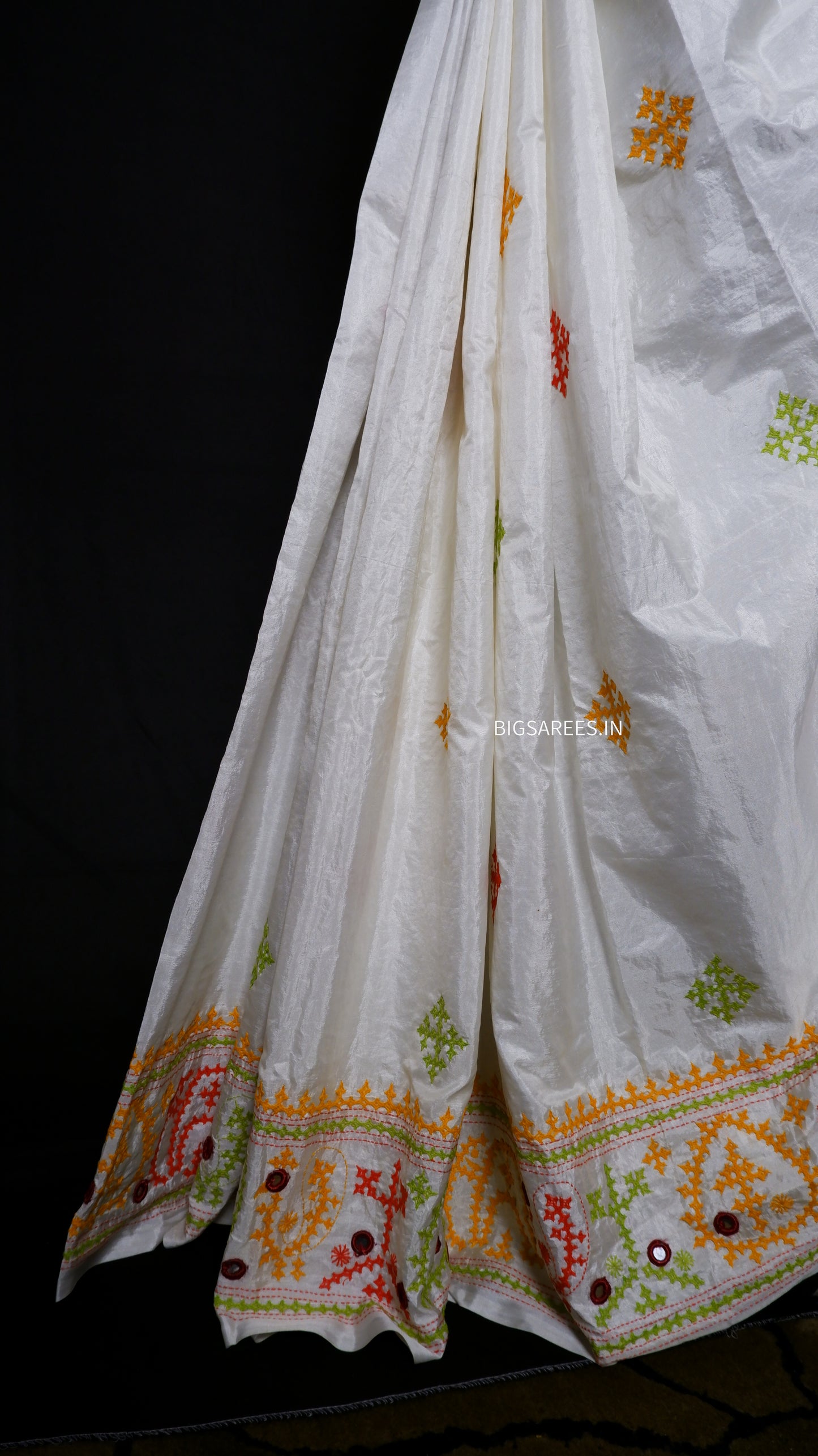 Heavy real mirror work Gujrati Stitch/Kutchi Bharat/Sindhi Hand Embroidered Art Silk Saree with blouse - off white