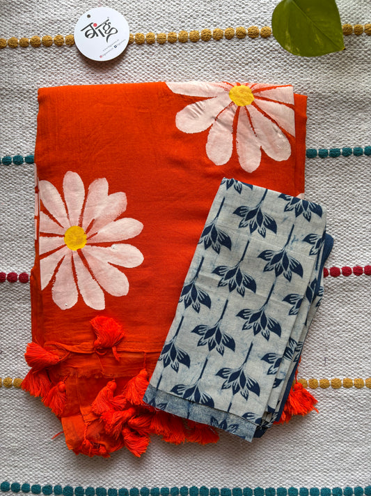 Hand Painted Mul Cotton Saree with Hand Block Printed Blouse | Orange