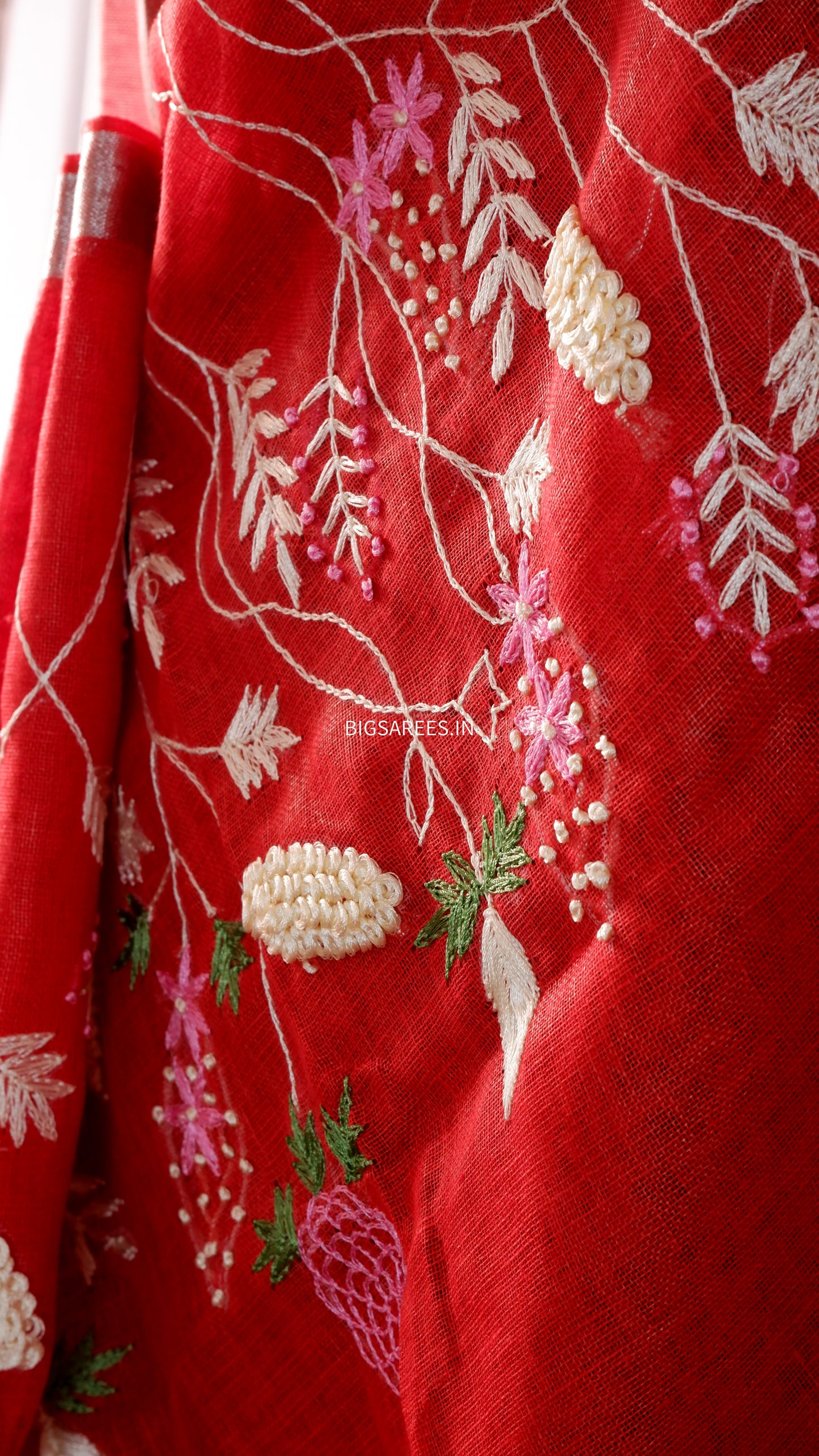 Pure Linen Saree With running Blouse - tomato Red