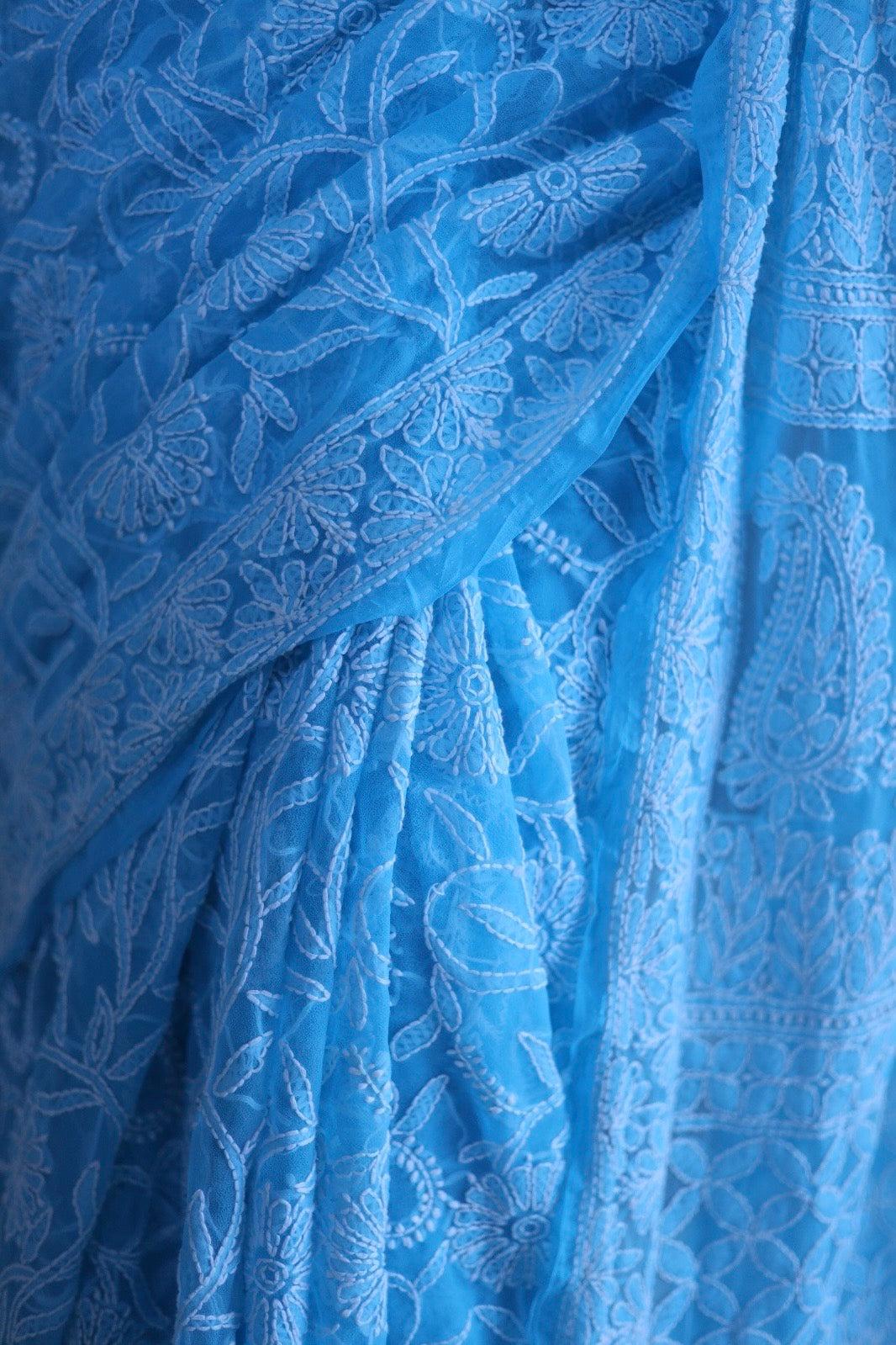 Sky Blue - White Georgette Chikankari Work Hand Embroidered Saree