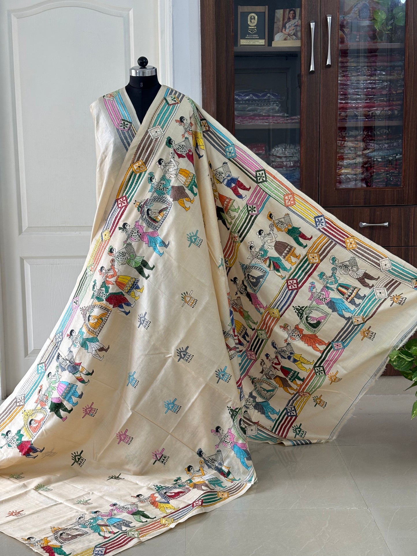 Kantha Hand Embroidered Pure Tussar Silk Saree
