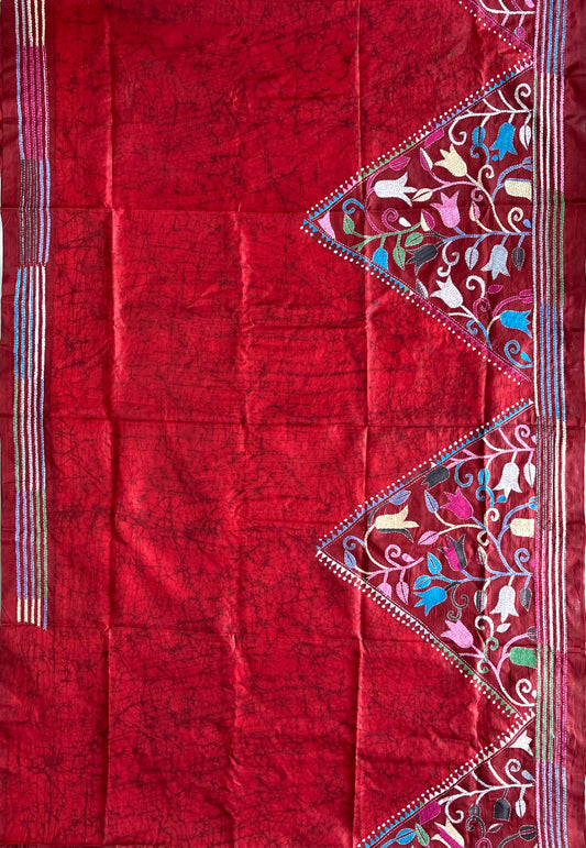 Kantha - Stitch Hand Embroidered Saree | Blended Bangalore Silk / Art Silk | Red