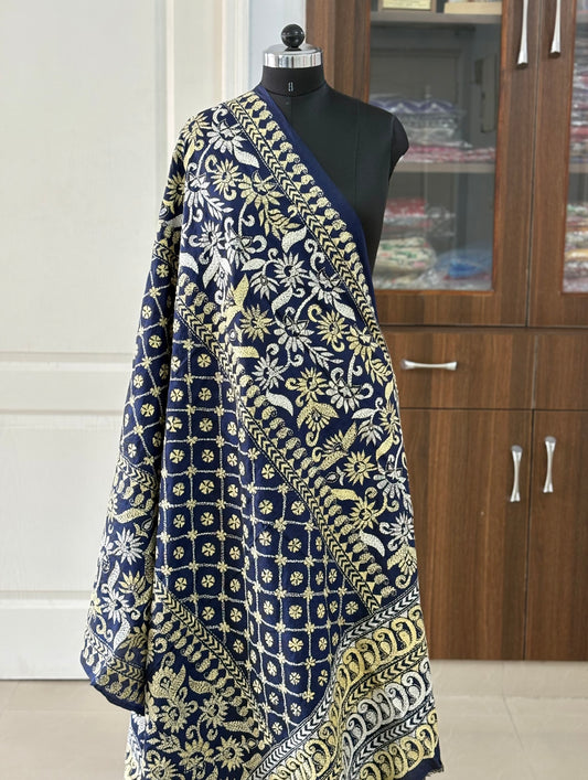 Kantha Stitch Hand Embroidary Full Work Pure Banglore Silk Dupatta - Navy Blue