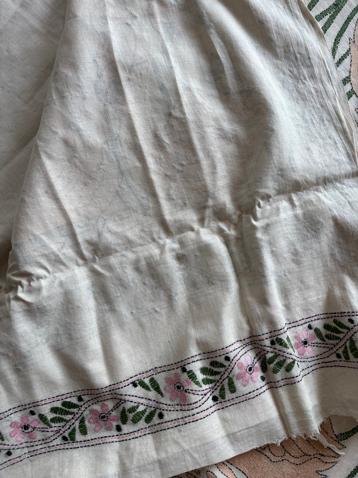 Kantha stitch Khadi Cotton Saree - Off white