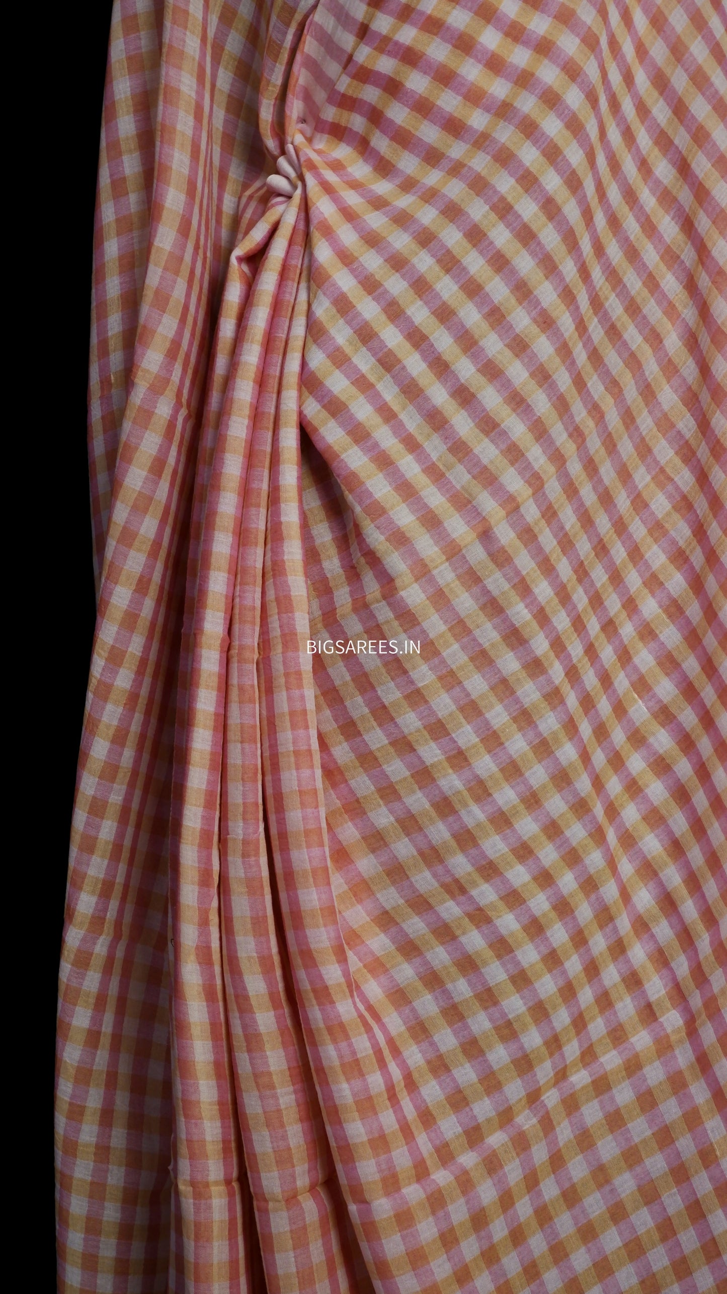 Checkered Mul Cotton Saree With Ikat Blouse | Ultra Lightweight | Pink