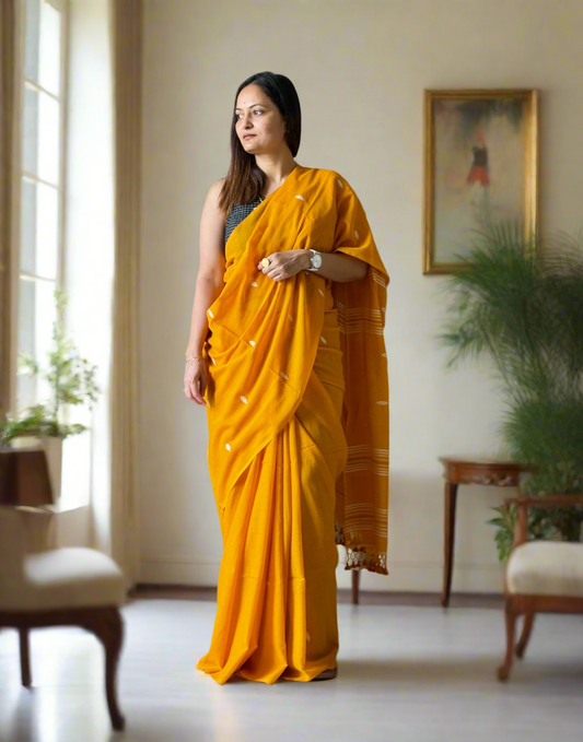 Handloom Mul Cotton Jamdani Butta Saree - Mustard Yellow
