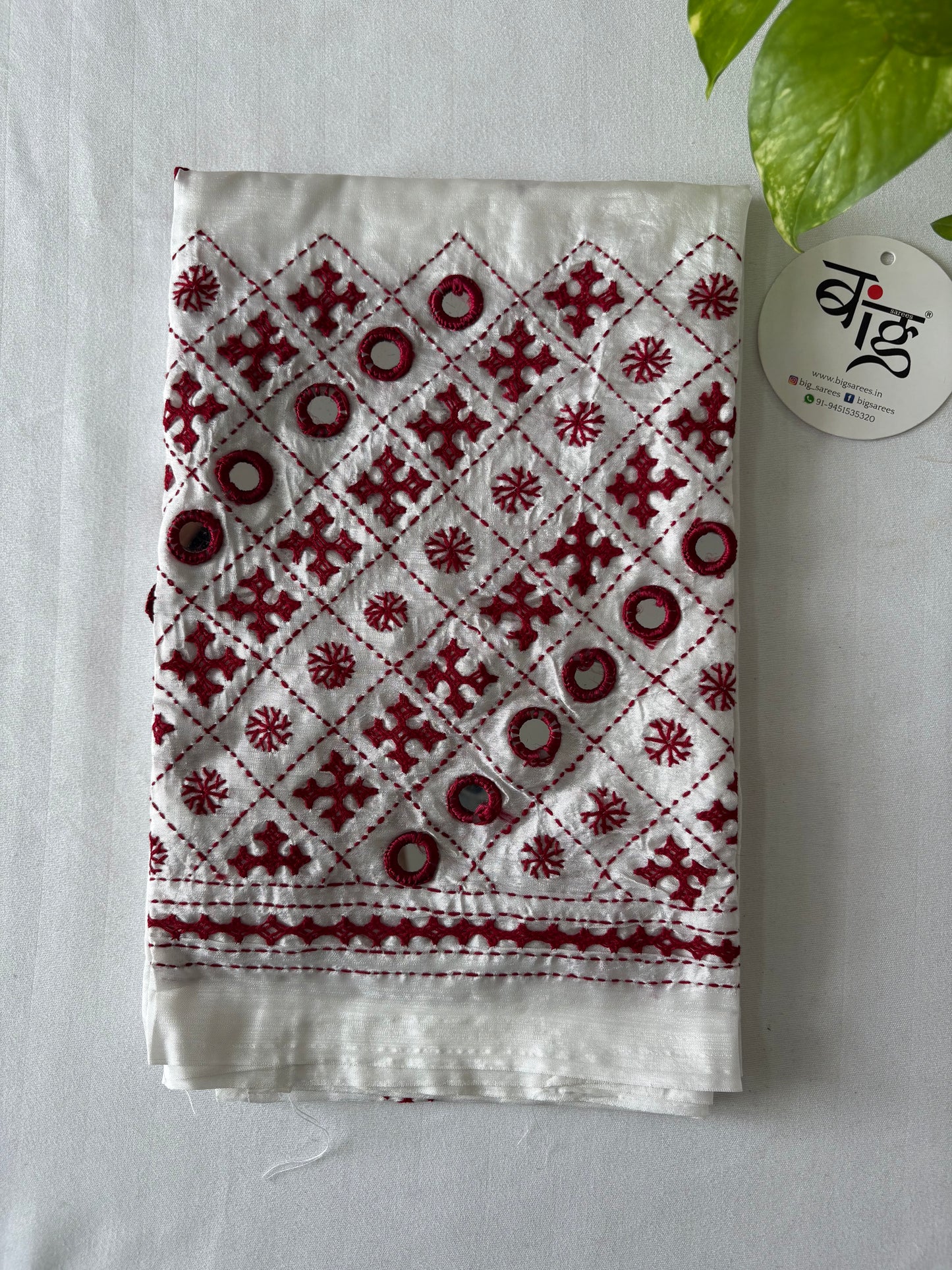 Mirror work white and red Gujrati work blouse pieces in art silk 1 mtr