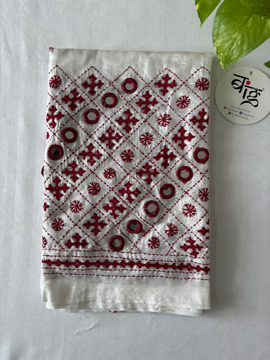 Mirror work white and red Gujrati work blouse pieces in art silk 1 mtr