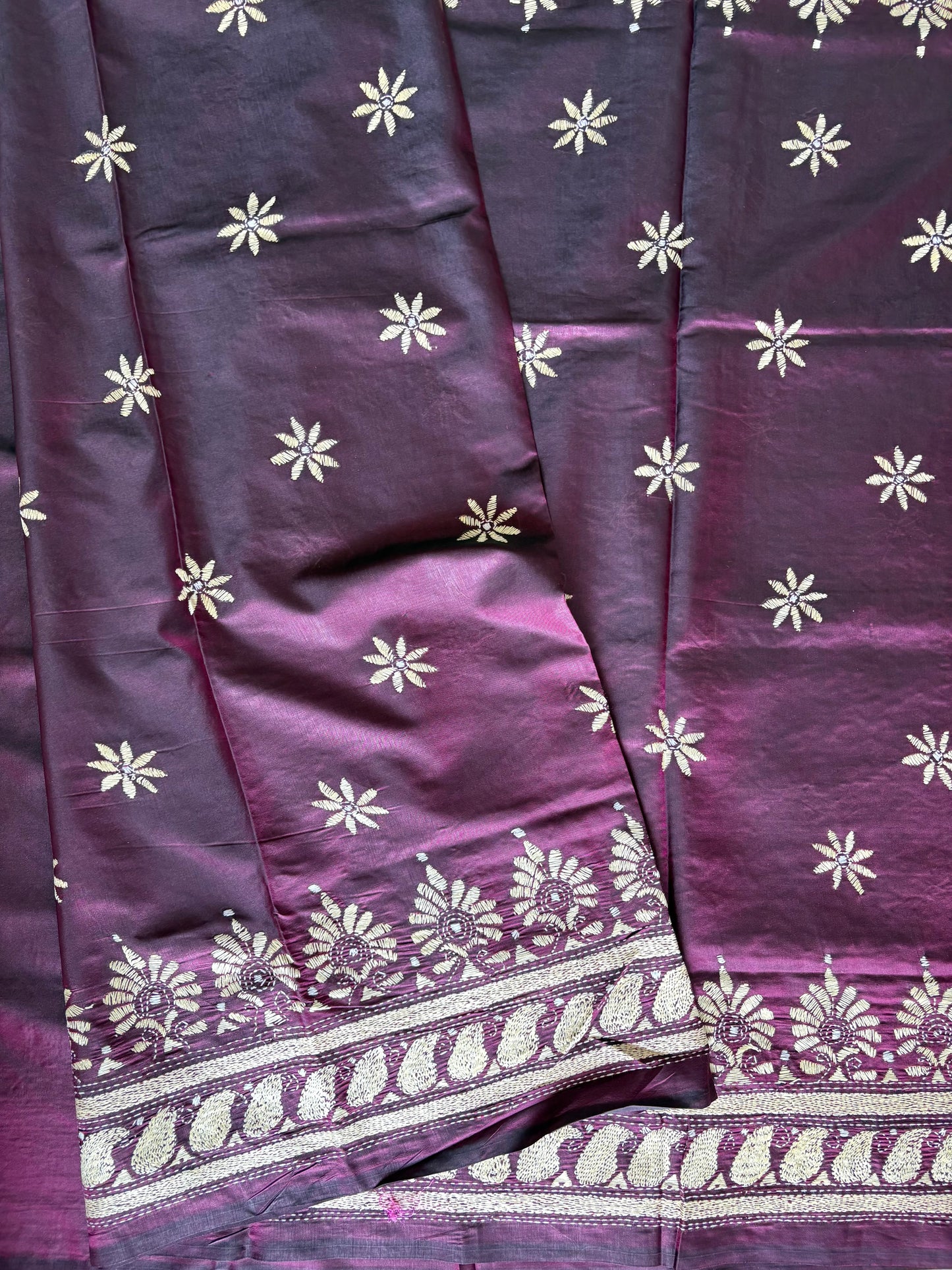 Kantha Stitch Hand Embroidered Saree| Blended Bangalore Silk / Art Silk | Purple