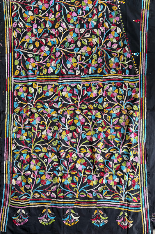 Kantha Hand Embroidered Blended Banglore Silk/Art Silk Saree With Blouse