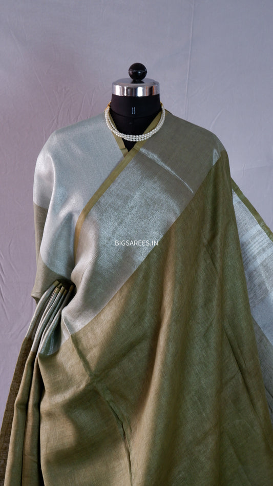 Brown silver pure Linen By Linen Saree With running Blouse