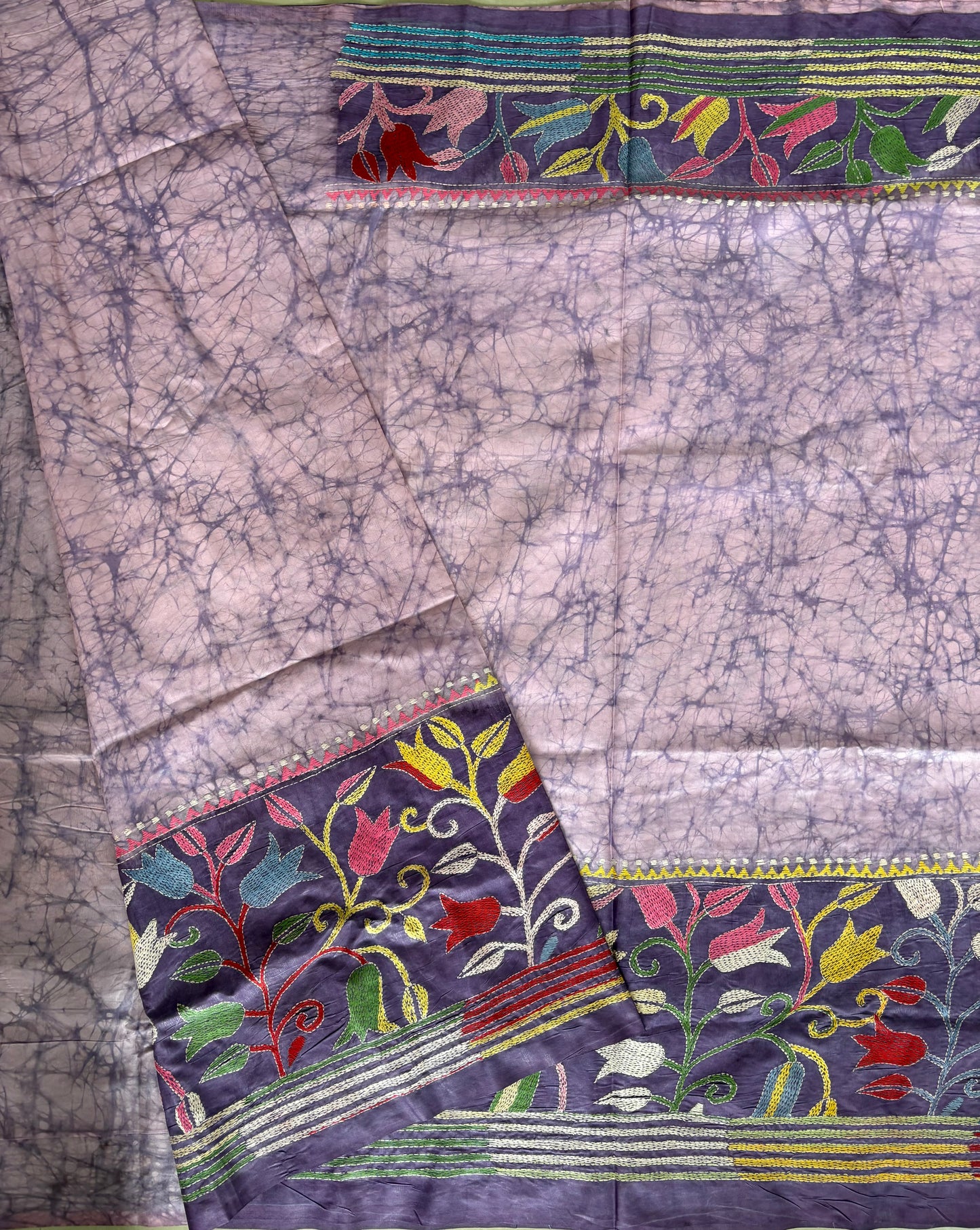 Kantha Hand Embroidered Blended Banglore Silk/Art Silk Saree With Blouse