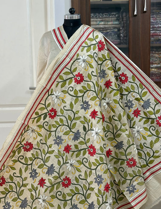 Kantha Stitch Hand Embroidered Pure Gachi by Gachi Tussar Silk Saree (Silk Marked)