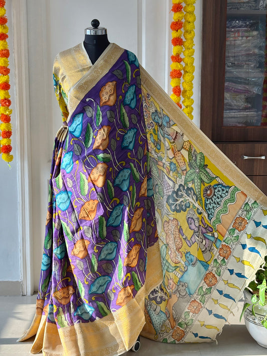 Pen Kalamkari hand painted Banglore Silk Saree with blouse