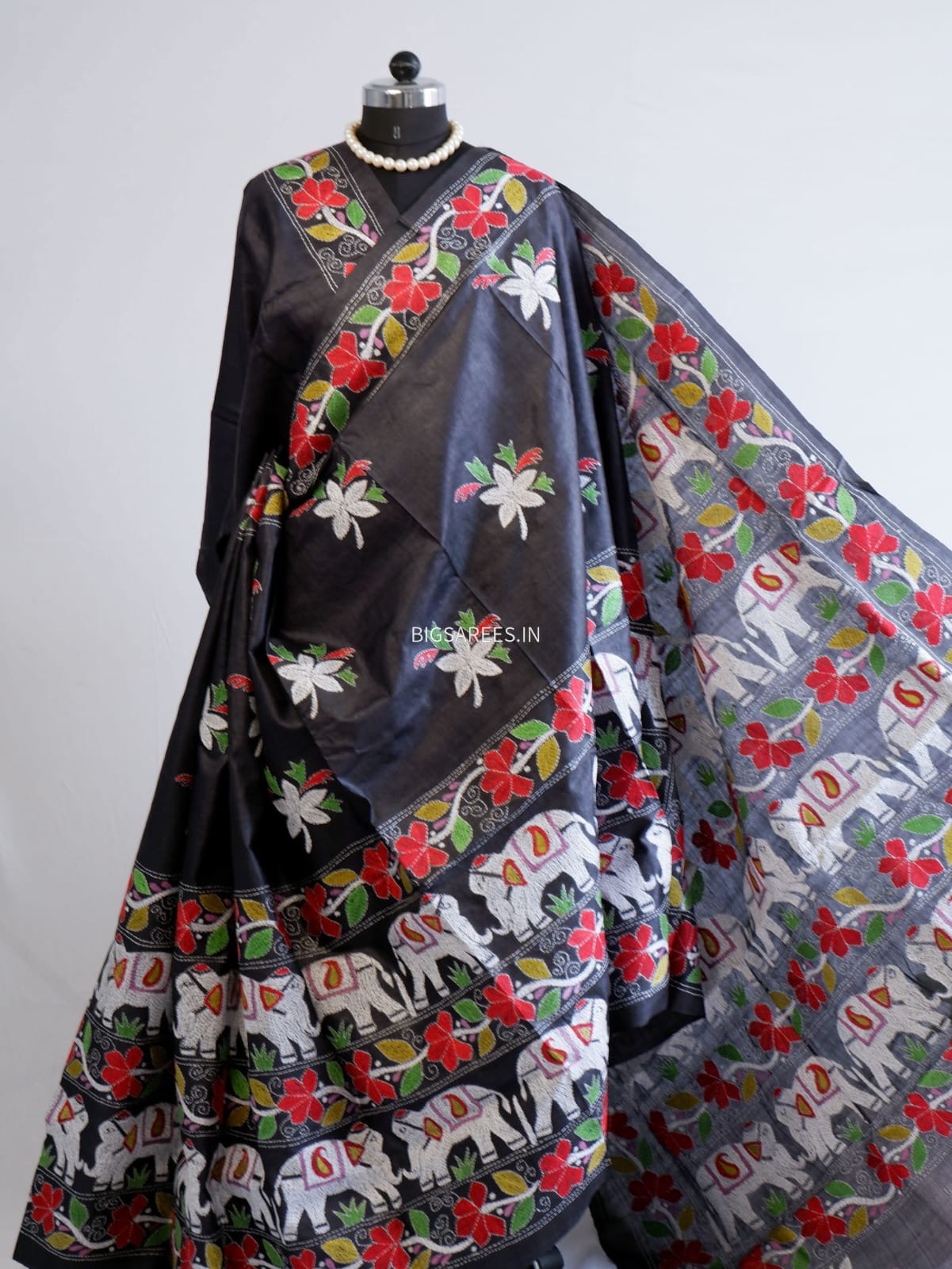 Kantha Stitch Hand Embroidered Saree | Pure Tussar Silk | Silk Mark Certified | Black