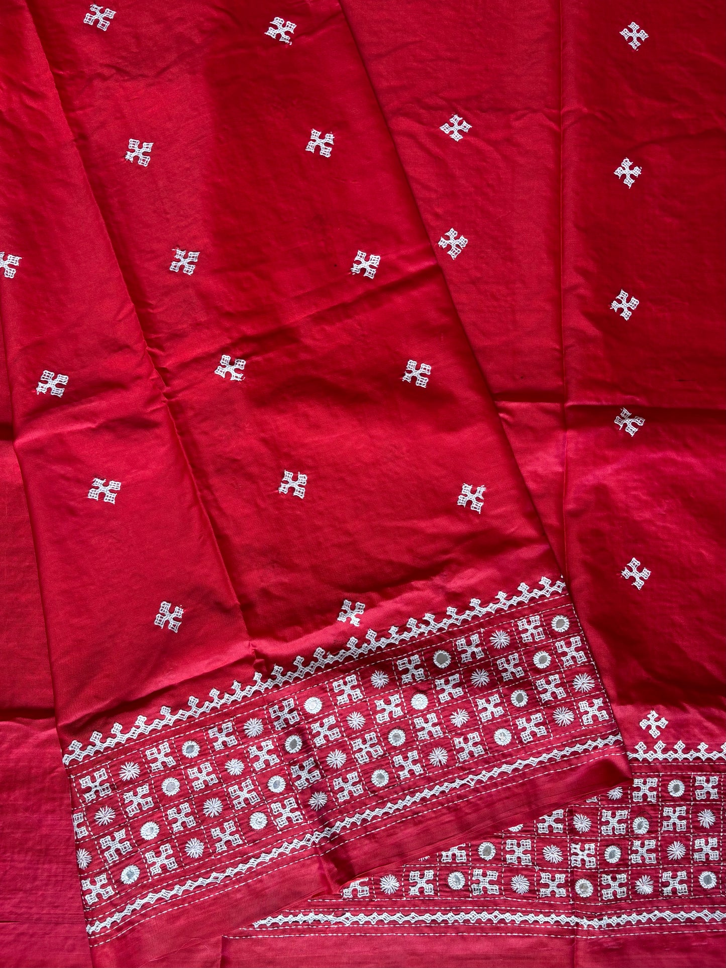 Gujrati Stitch/Kutch Hand Embroidered Art Silk Saree
