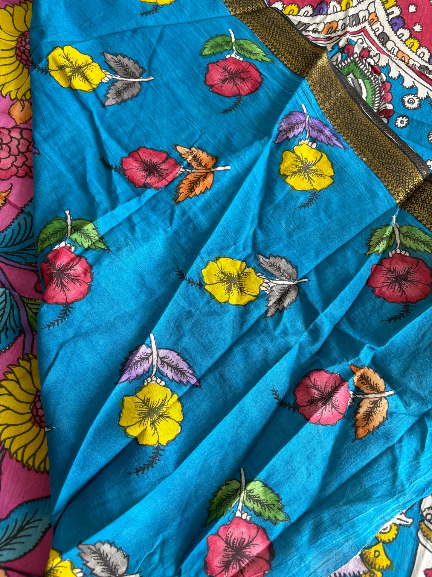 Pen Kalamkari hand painted pure cotton Saree with blouse