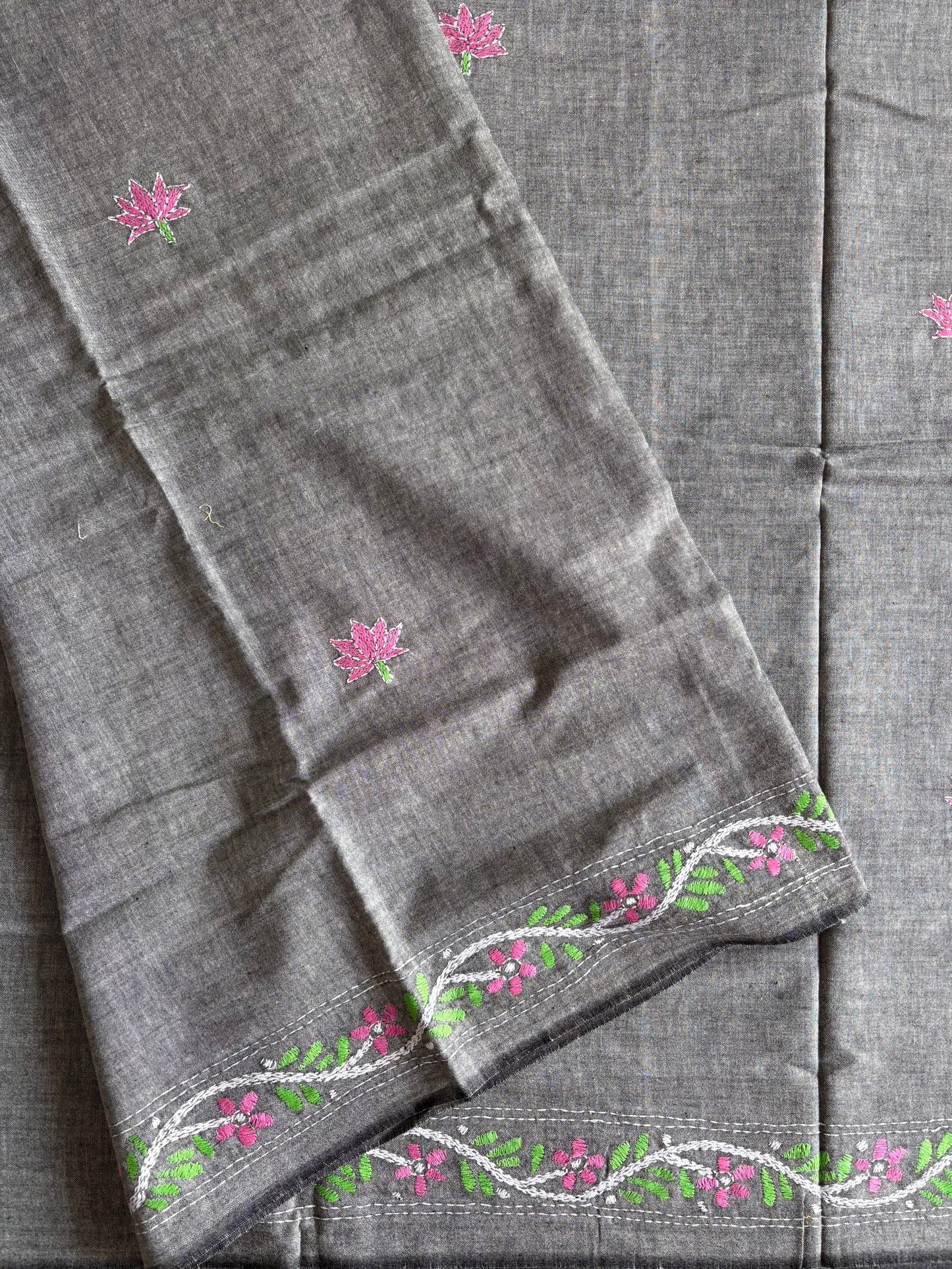Kantha stitch Khadi Cotton Saree - Grey