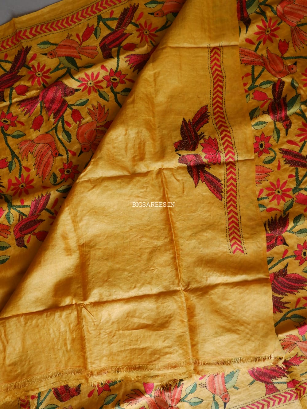 Kantha Stitch Hand Embroidered Saree | Pure Tussar Silk | Silk Mark Certified | Orange