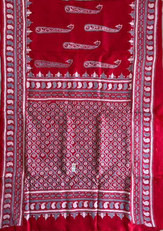 Red Kantha Stitch Hand Embroidered Pure Banglore Silk Saree (Silk Marked)