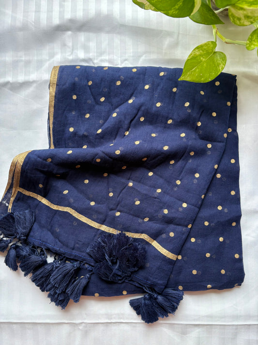 Polka dot pure Mul Cotton Saree - Navy Blue