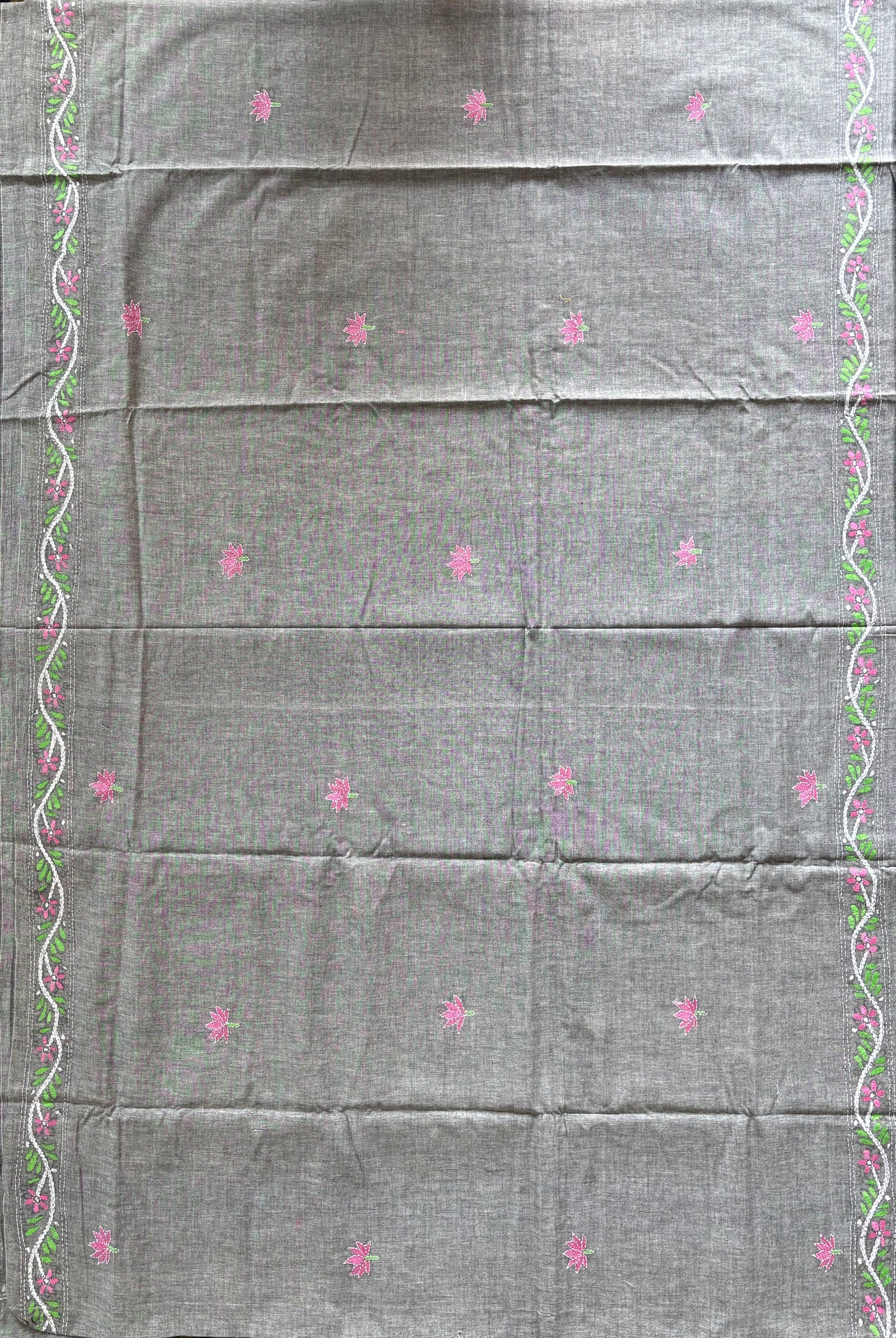 Kantha stitch Khadi Cotton Saree - Grey