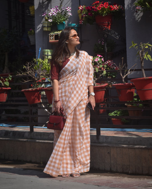 Checkered Mul Cotton Saree With Ikat Blouse | Ultra Lightweight | Light Brown