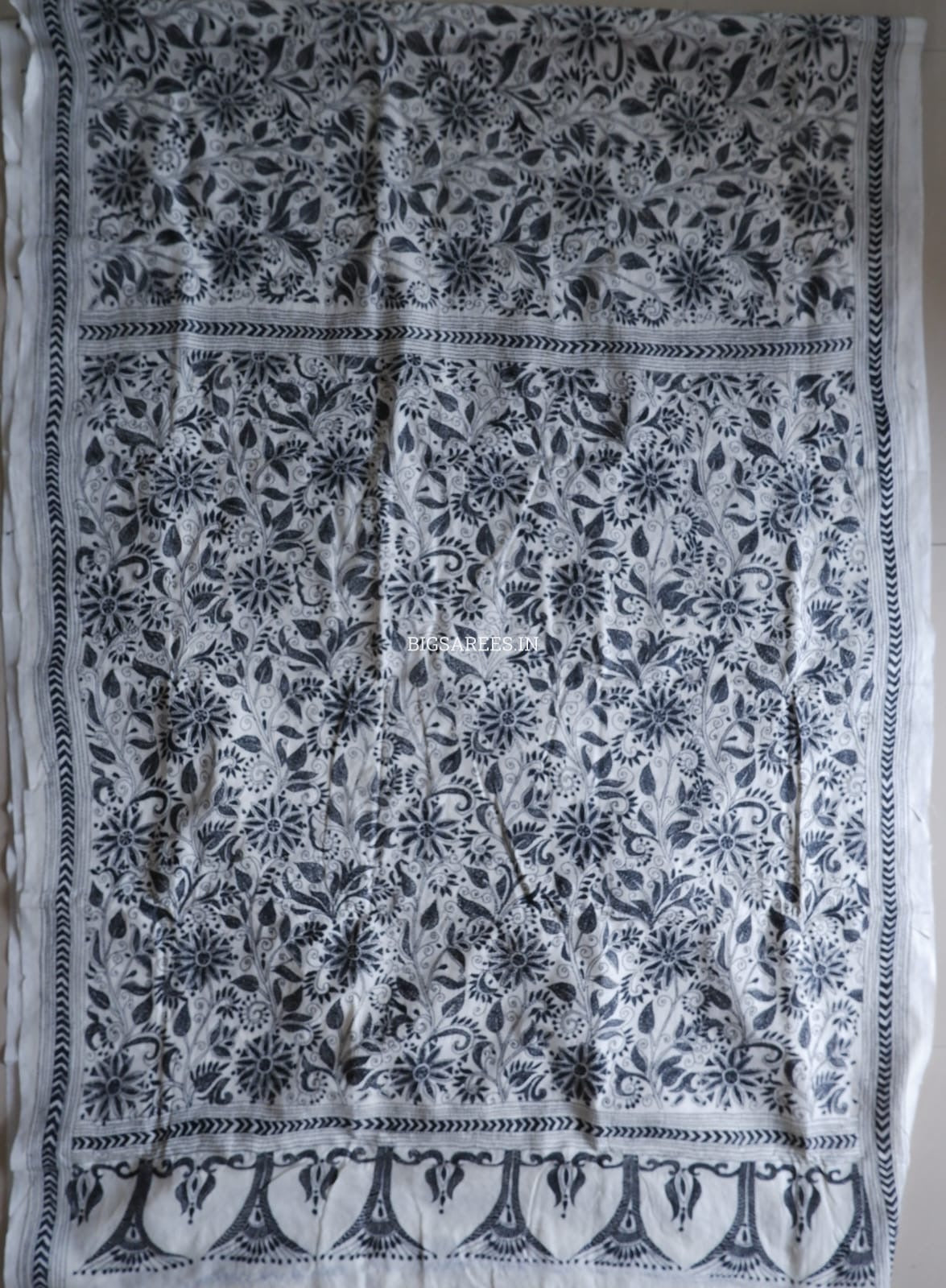 Kantha Stitch Hand Embroidered Saree | Mix Tussar Silk | Off white