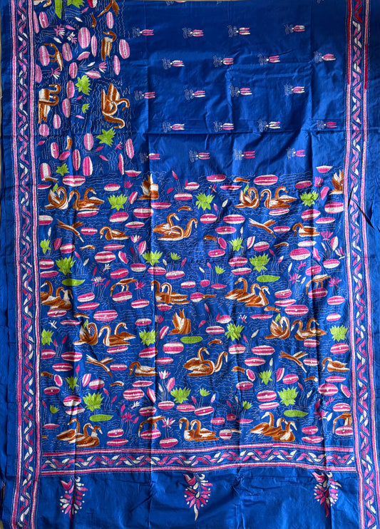 Royal Blue Hand work Kantha stitch Saree in art silk/Blended Banglore Silk
